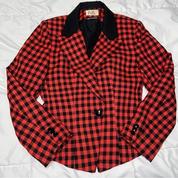 Emily | Wool Blend Red Buffalo Plaid Cropped Blazer Jacket Vintage 90’s - Picture 1 of 10